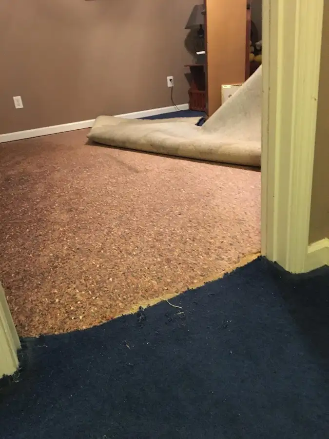 Carpet pad removal revealing water damage during Water Mitigation Services in Douglass Hills
